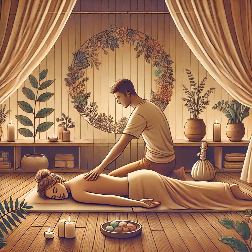 massage i en afslappende atmosfære med levende lys, grønne planter og blide teknikker for at skabe ro og velvære.