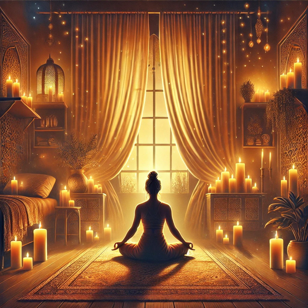 tantra øvelser udført i en varm og stemningsfuld atmosfære med levende lys, orientalske lamper og meditativ indretning for fordybelse og indre balance.